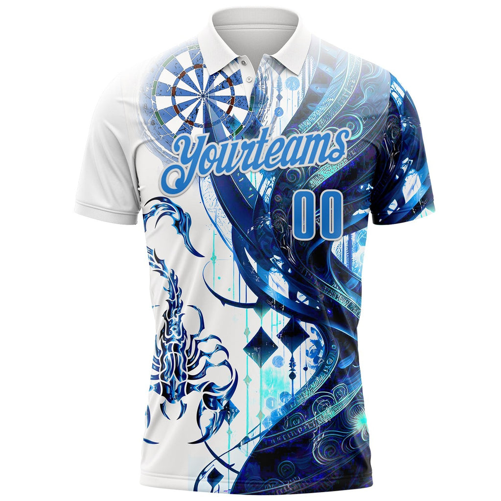 Custom White-Powder Blue Darts Scorpion Dartboard Performance Polo Shirt photo 2