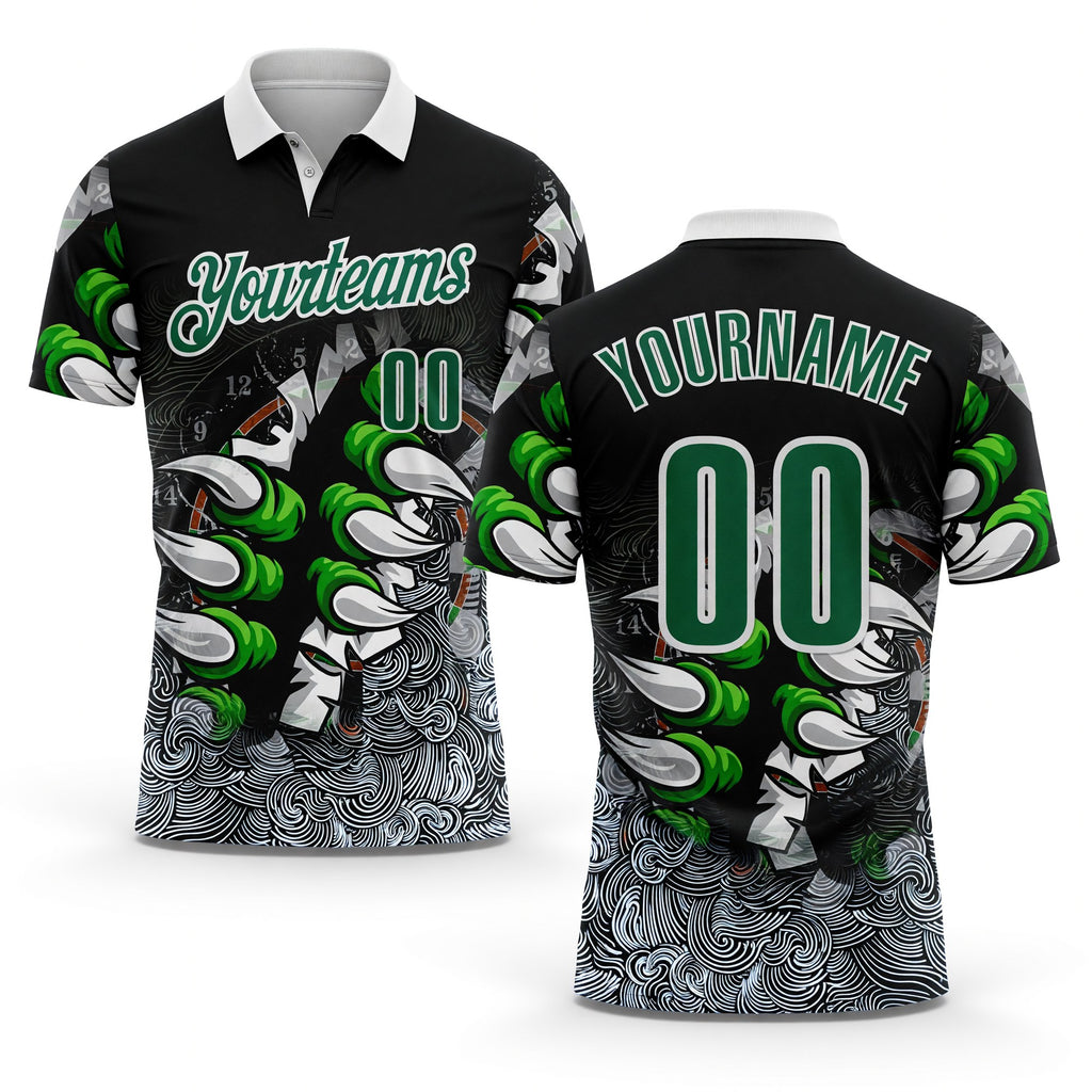 Custom Black Kelly Green-White Darts Demon Claw Dartboard Performance Polo Shirt