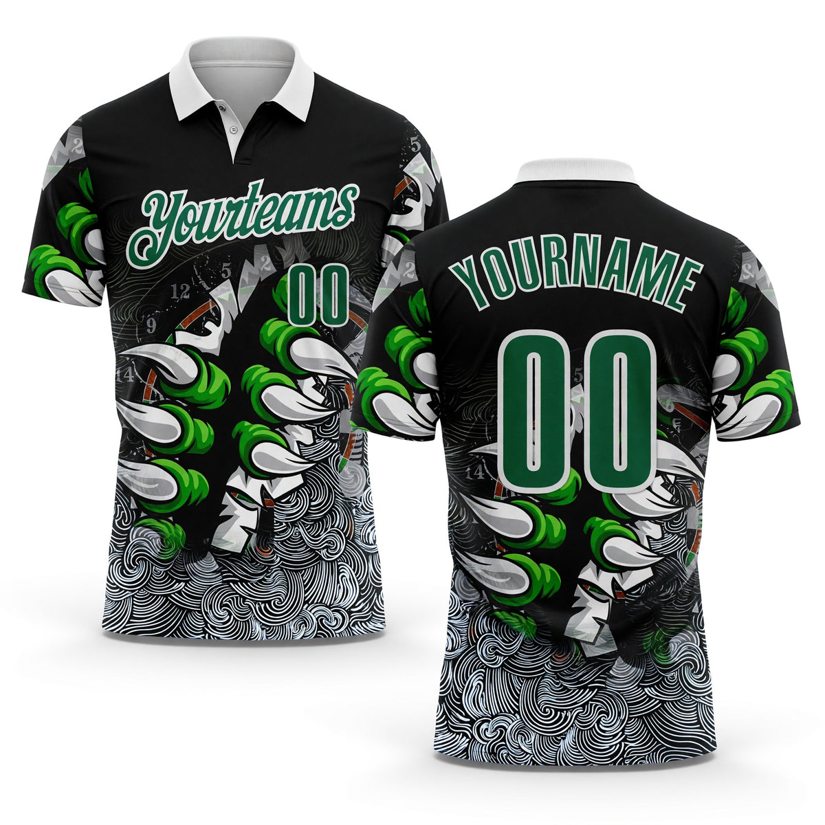 Custom Black Kelly Green-White Darts Demon Claw Dartboard Performance Polo Shirt