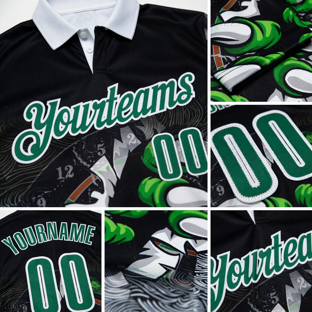 Custom Black Kelly Green-White Darts Demon Claw Dartboard Performance Polo Shirt detail