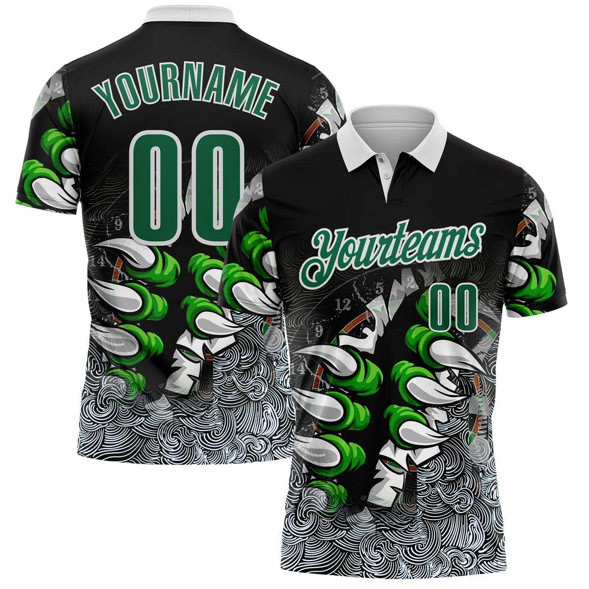 Custom Black Kelly Green-White Darts Demon Claw Dartboard Performance Polo Shirt photo 1