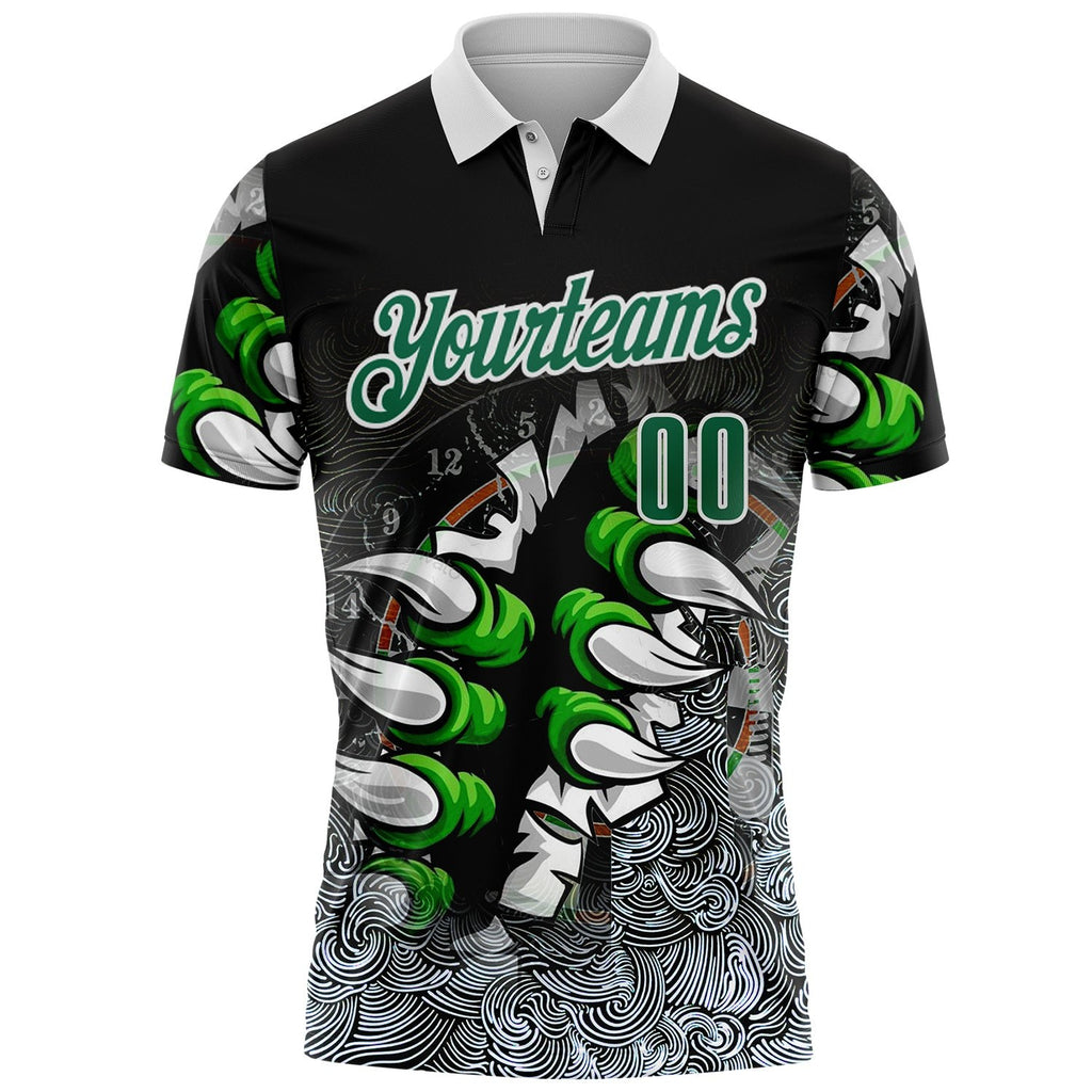Custom Black Kelly Green-White Darts Demon Claw Dartboard Performance Polo Shirt photo 2