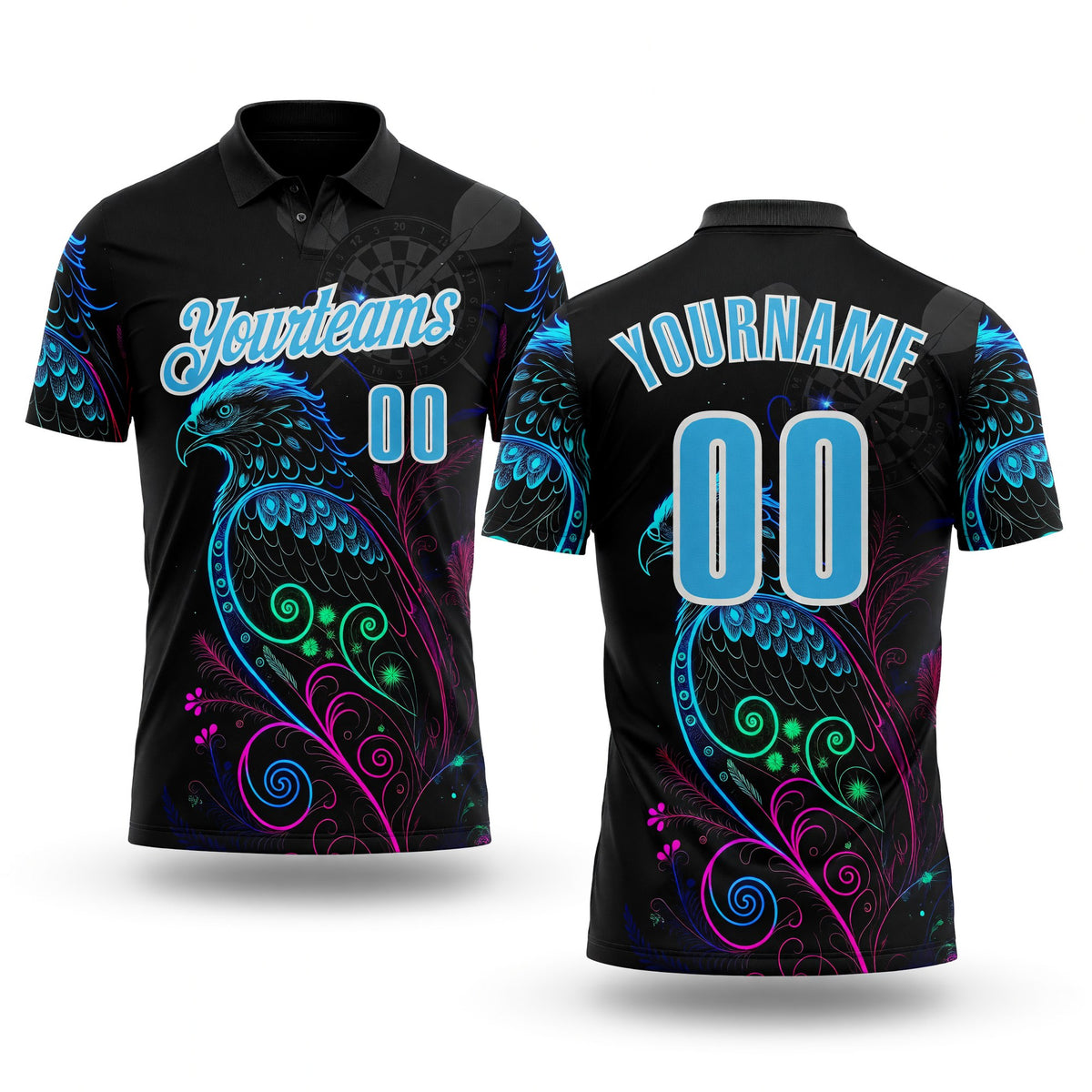 Custom Black Sky Blue-White Darts Eagle Dartboard Performance Polo Shirt