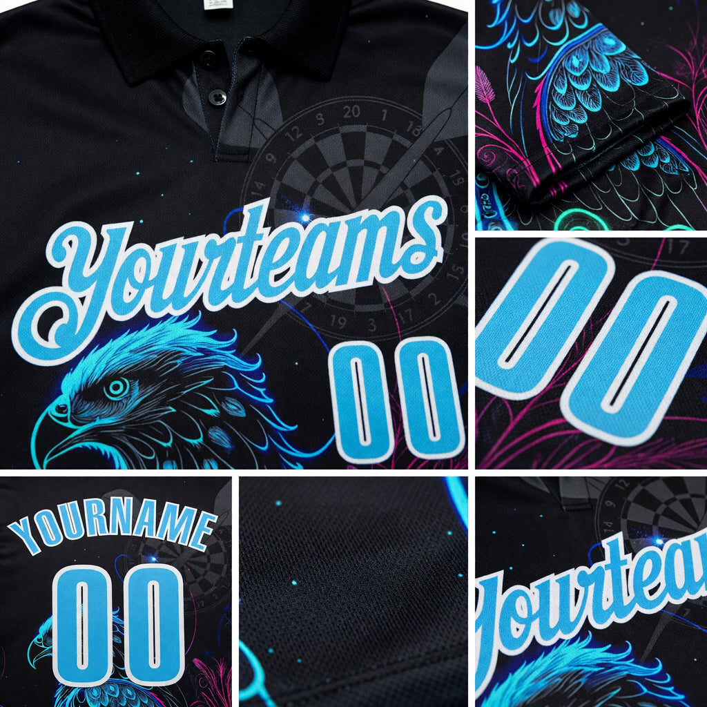 Custom Black Sky Blue-White Darts Eagle Dartboard Performance Polo Shirt detail