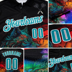 Custom Black Teal-White Darts Wolf Dartboard Performance Polo Shirt detail