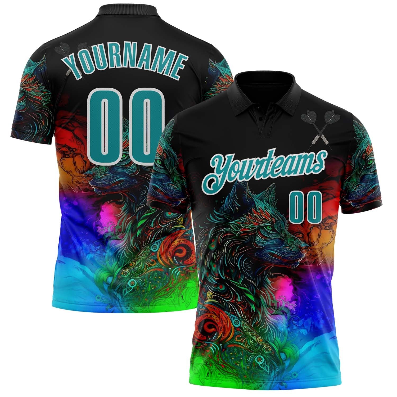 Custom Black Teal-White Darts Wolf Dartboard Performance Polo Shirt photo 1