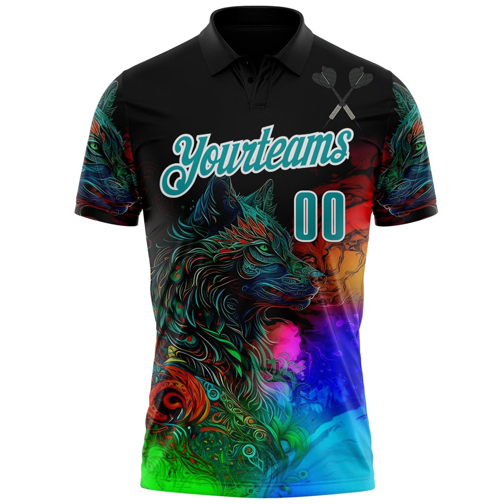 Custom Black Teal-White Darts Wolf Dartboard Performance Polo Shirt photo 2