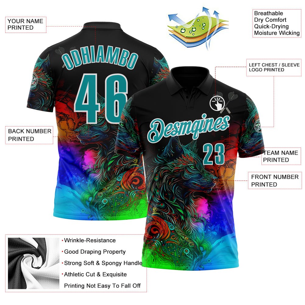 Custom Black Teal-White Darts Wolf Dartboard Performance Polo Shirt photo 3