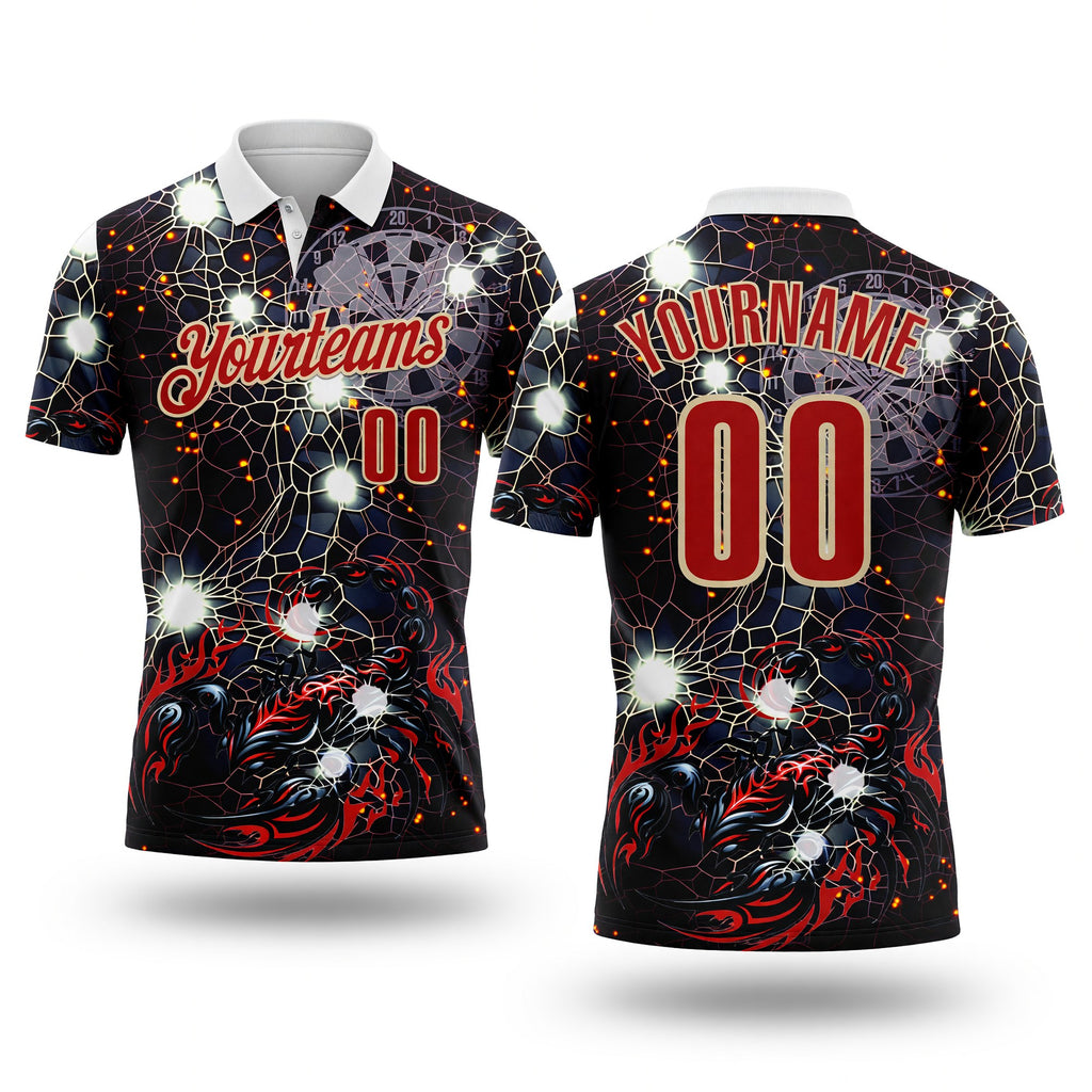 Custom Black Red-City Cream Darts Scorpion Dartboard Performance Polo Shirt