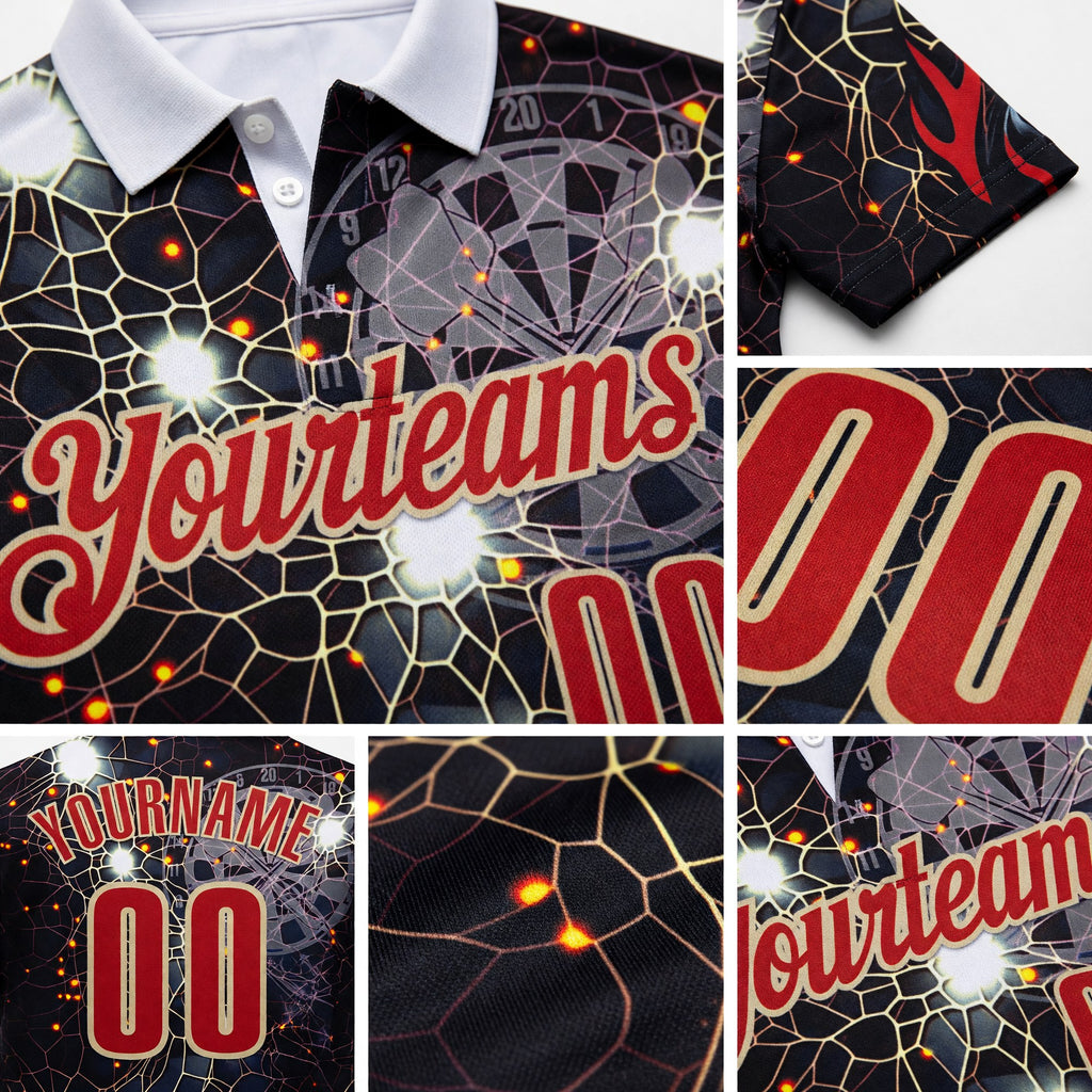 Custom Black Red-City Cream Darts Scorpion Dartboard Performance Polo Shirt detail