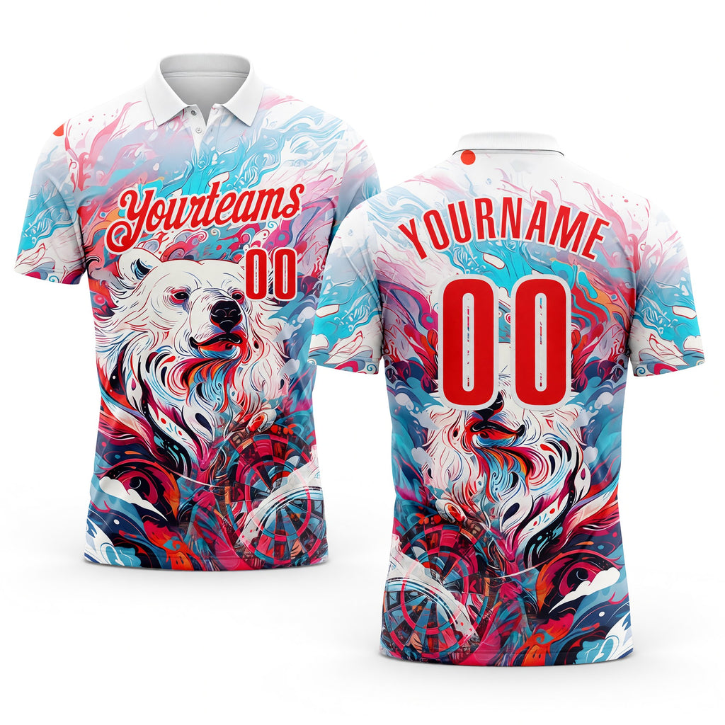 Custom White-Fire Red Darts Bear Dartboard Performance Polo Shirt