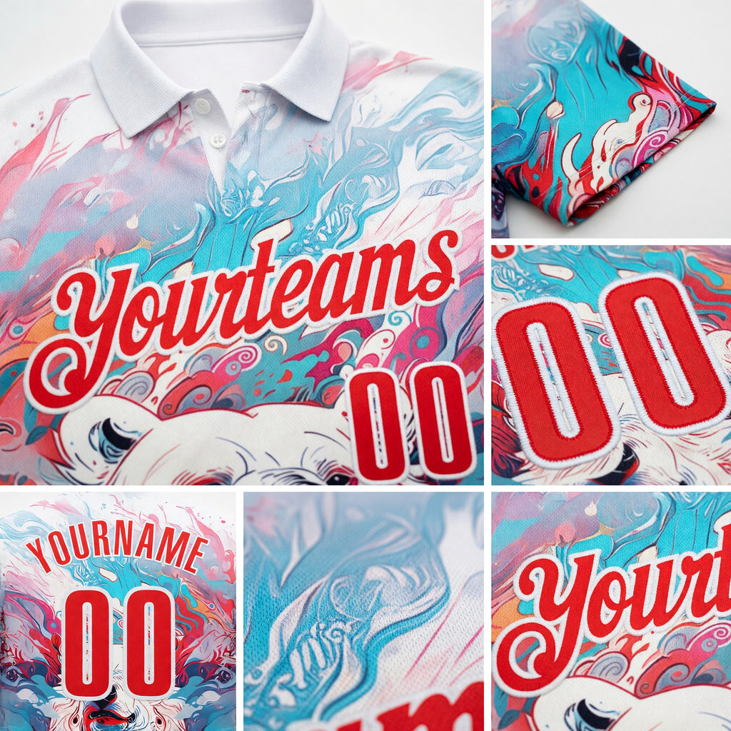 Custom White-Fire Red Darts Bear Dartboard Performance Polo Shirt detail