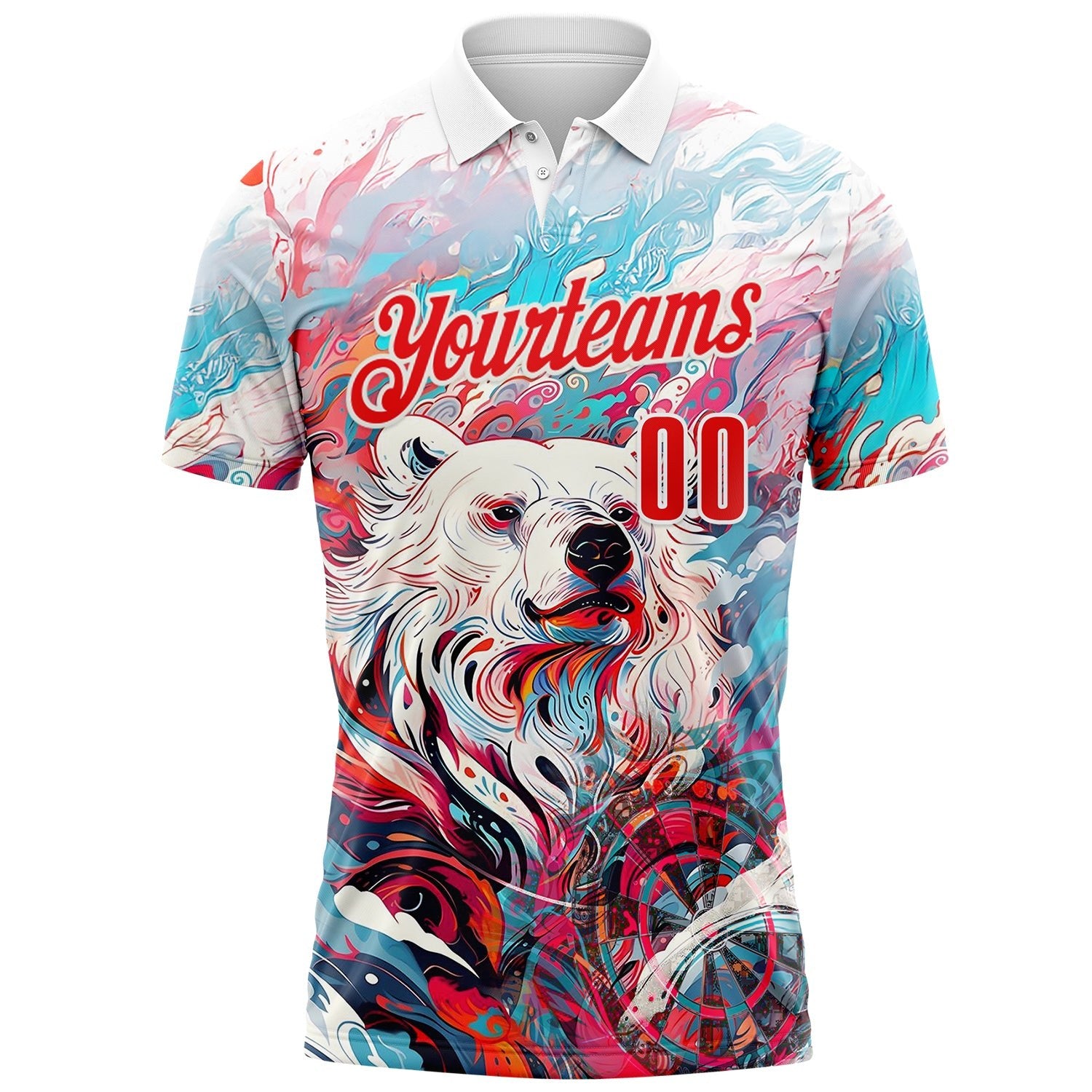 Custom White-Fire Red Darts Bear Dartboard Performance Polo Shirt photo 1