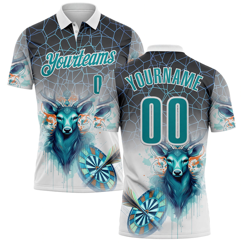 Custom White Teal-Gray Darts Deer Dartboard Performance Polo Shirt