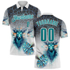Custom White Teal-Gray Darts Deer Dartboard Performance Polo Shirt
