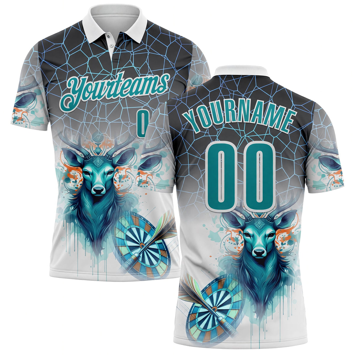 Custom White Teal-Gray Darts Deer Dartboard Performance Polo Shirt
