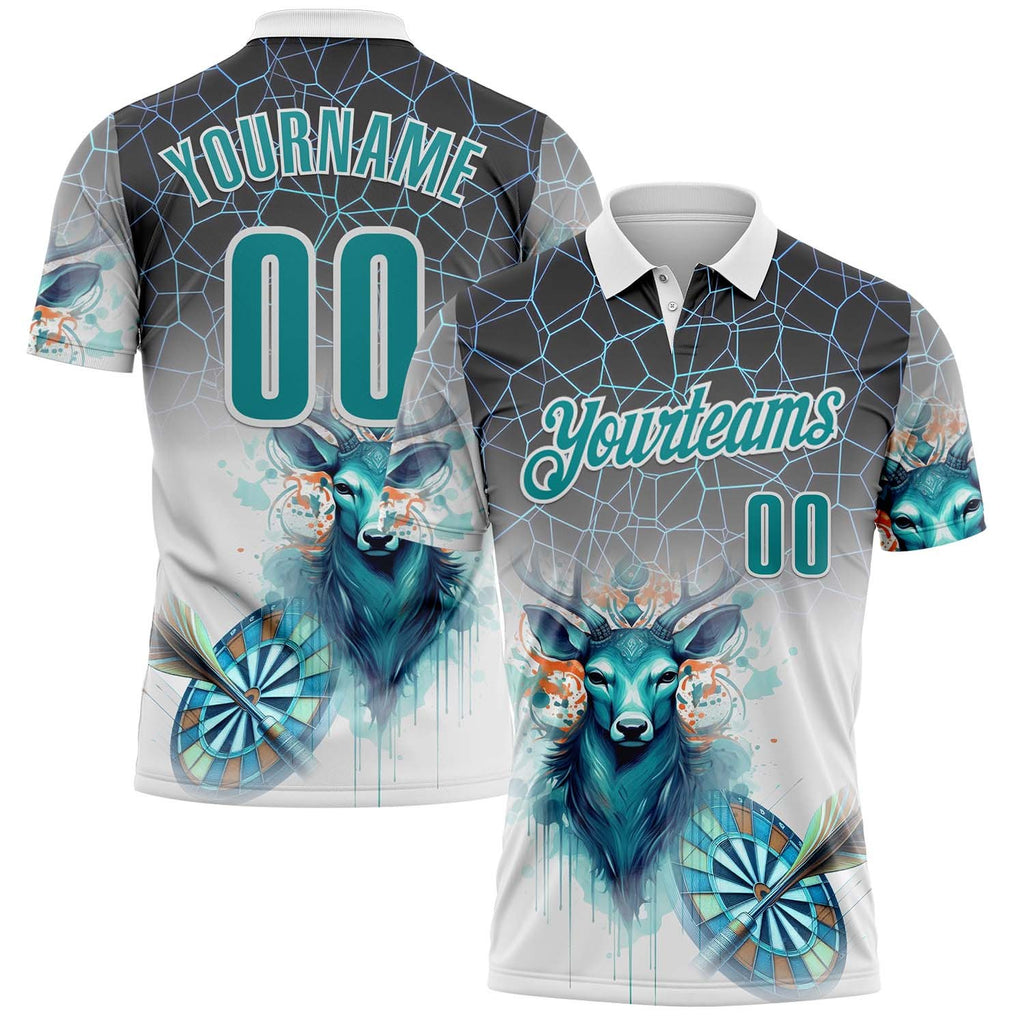 Custom White Teal-Gray Darts Deer Dartboard Performance Polo Shirt photo 1