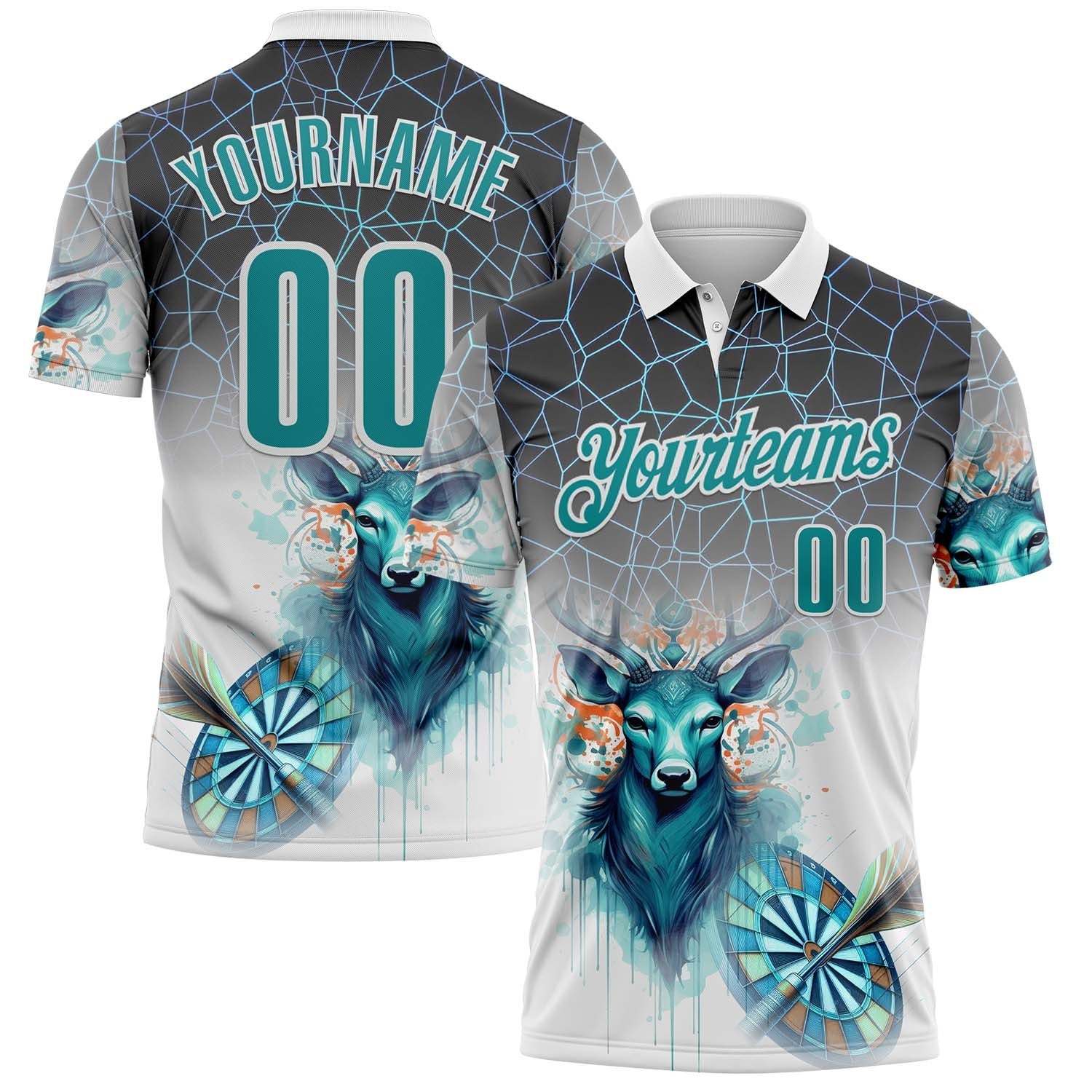 Custom White Teal-Gray Darts Deer Dartboard Performance Polo Shirt photo 1