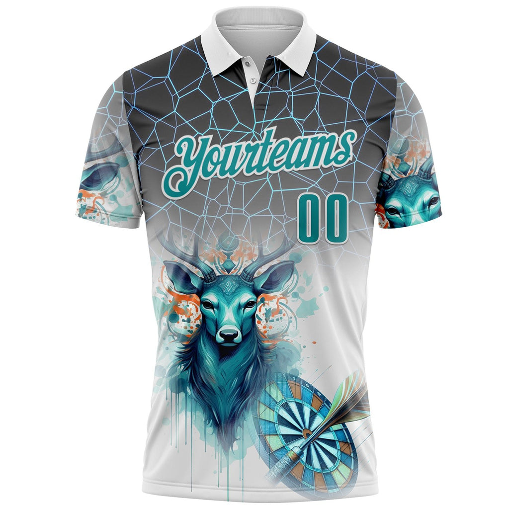 Custom White Teal-Gray Darts Deer Dartboard Performance Polo Shirt photo 2