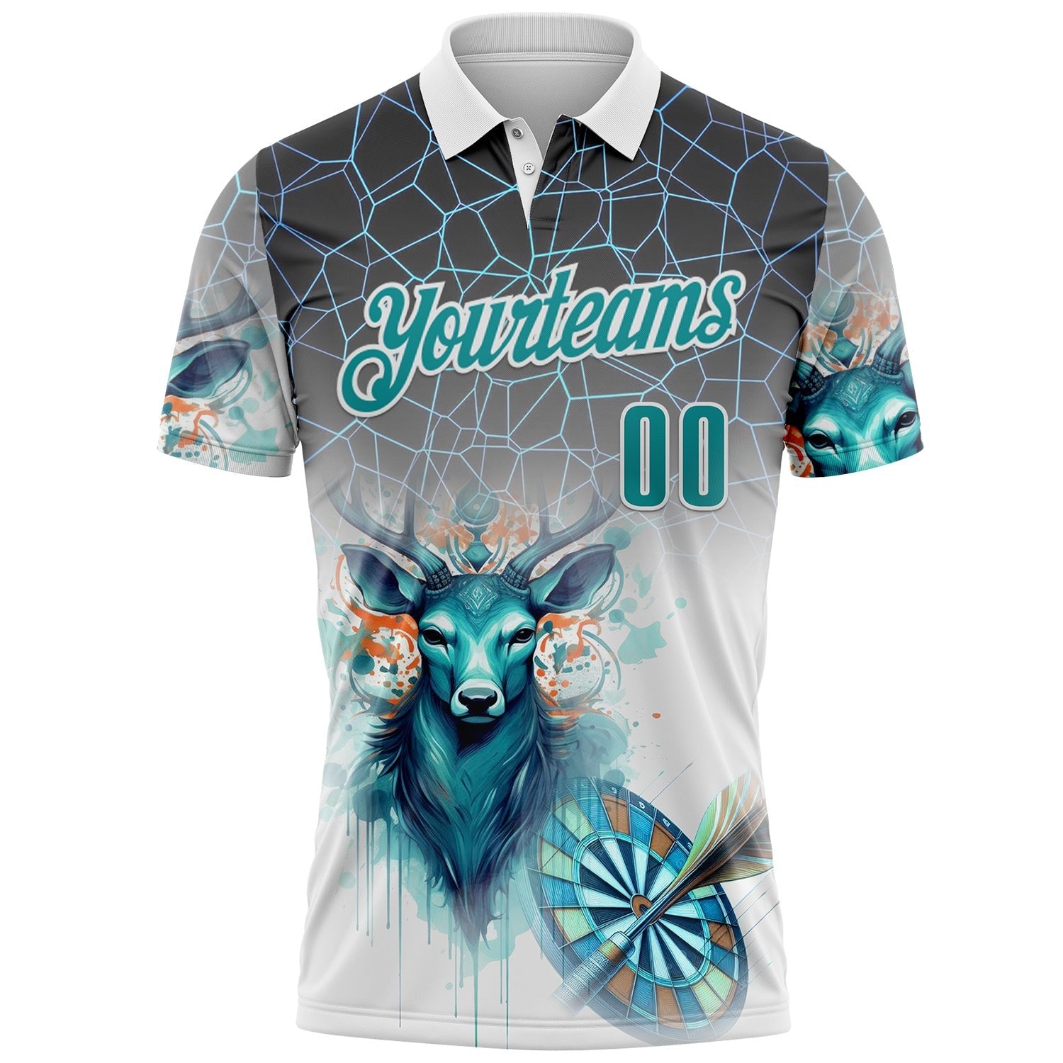 Custom White Teal-Gray Darts Deer Dartboard Performance Polo Shirt photo 2