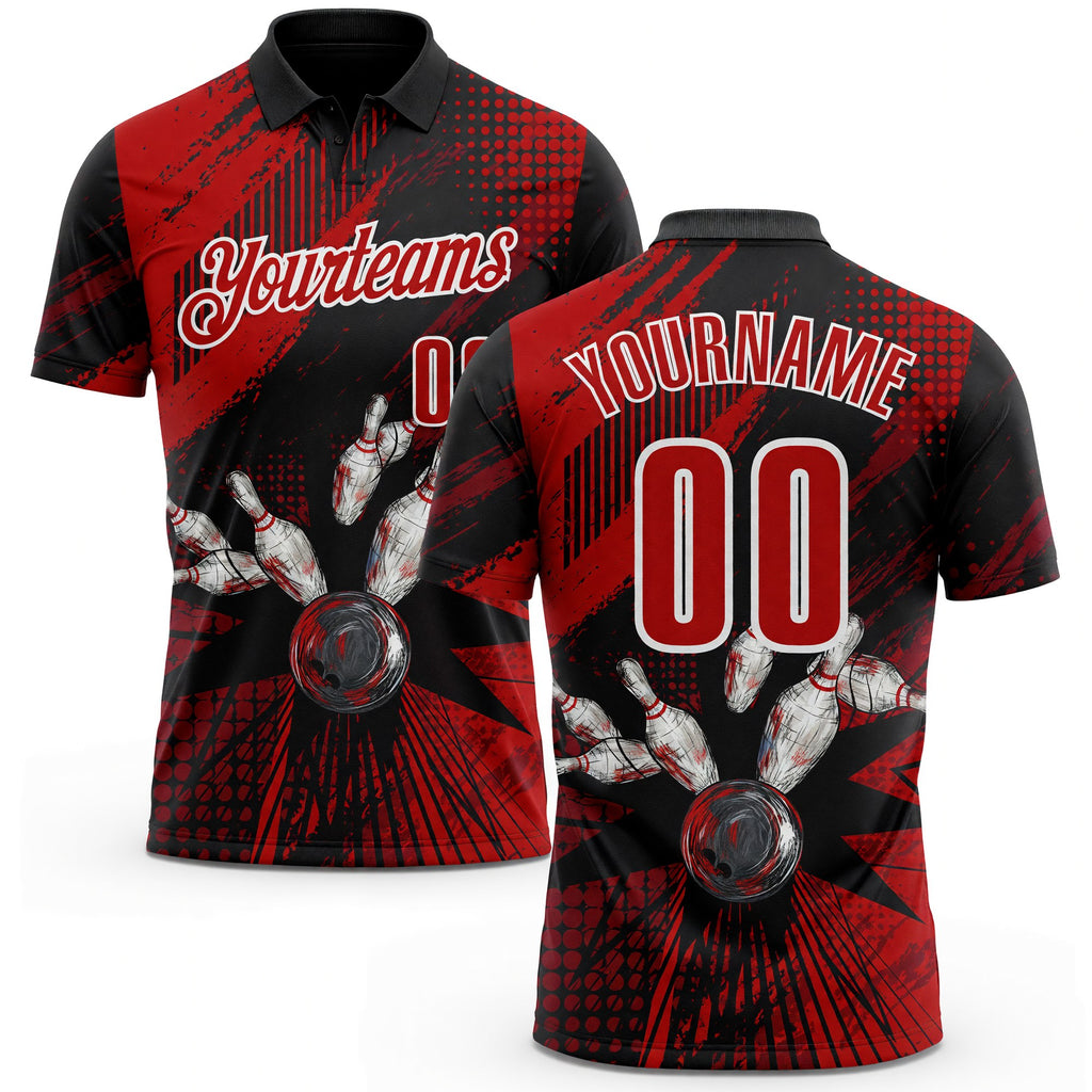 Custom Black Red-White Bowling Ball And Pins Strike Performance Polo Shirt
