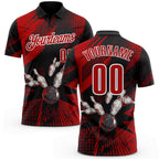 Custom Black Red-White Bowling Ball And Pins Strike Performance Polo Shirt