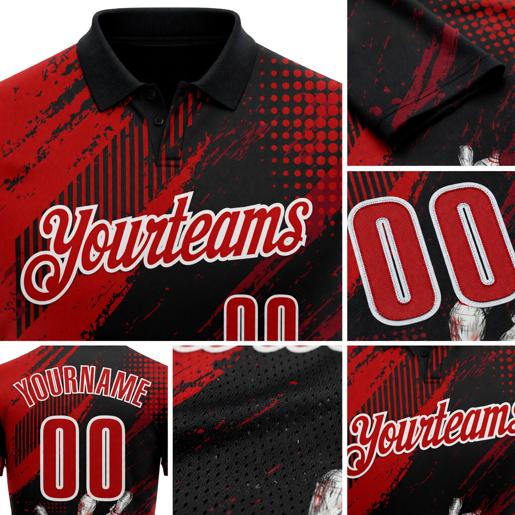 Custom Black Red-White Bowling Ball And Pins Strike Performance Polo Shirt detail