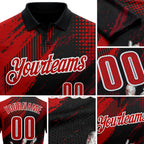 Custom Black Red-White Bowling Ball And Pins Strike Performance Polo Shirt detail