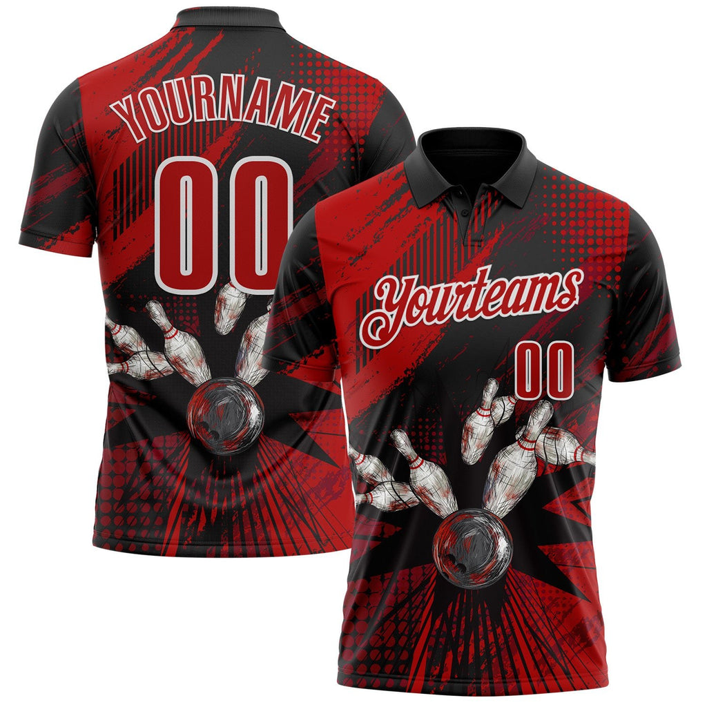Custom Black Red-White Bowling Ball And Pins Strike Performance Polo Shirt photo 1