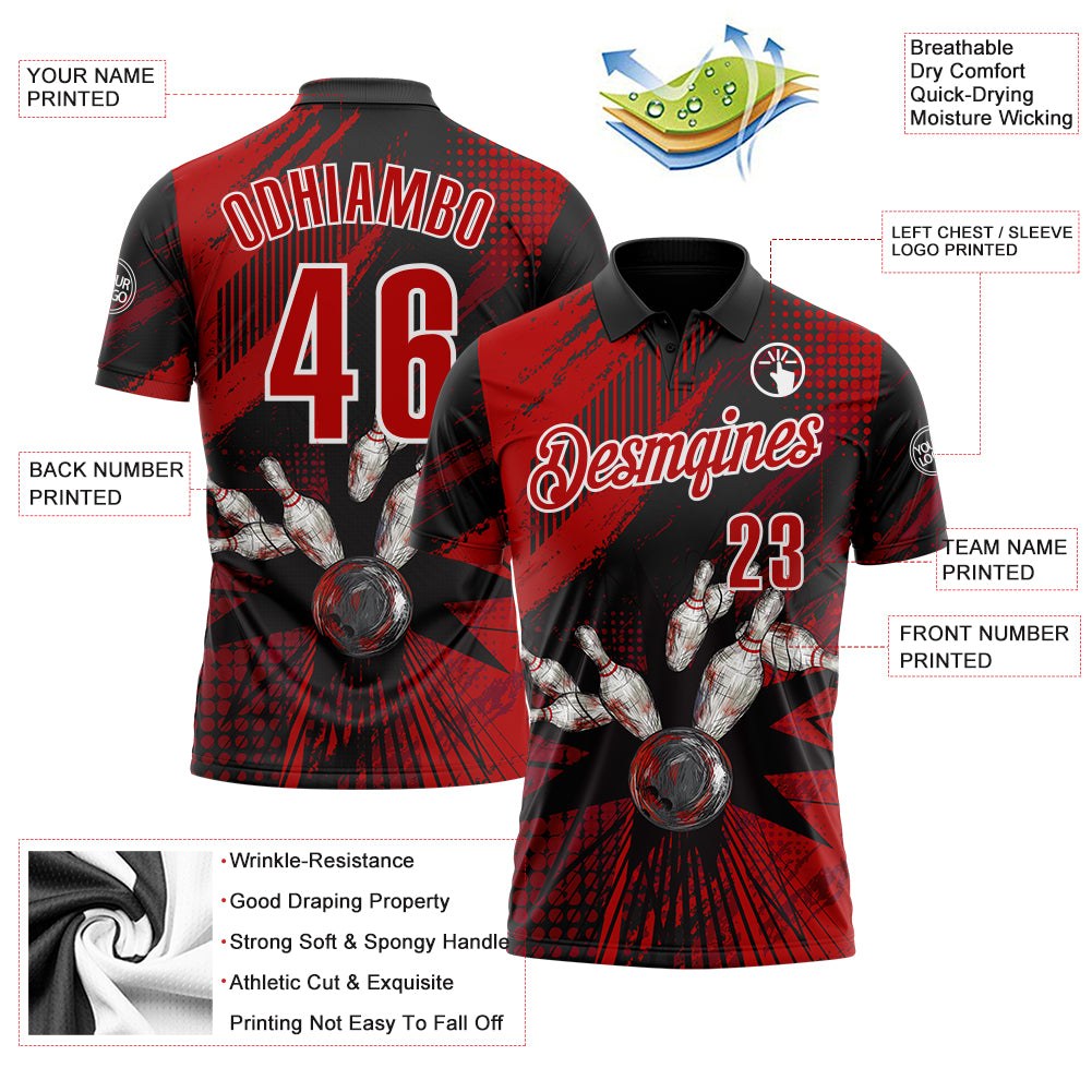 Custom Black Red-White Bowling Ball And Pins Strike Performance Polo Shirt photo 3