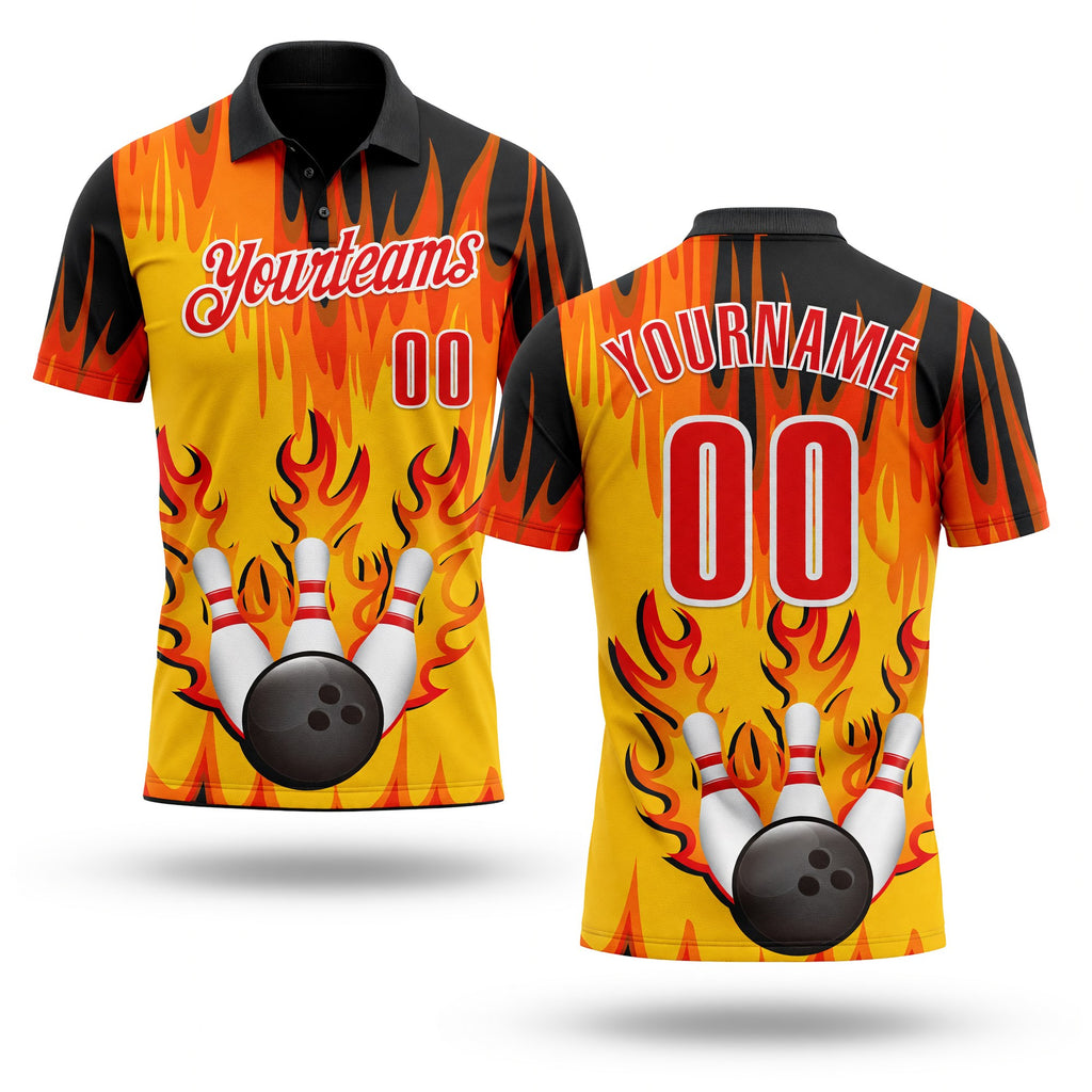 Custom Yellow Fire Red Black-White Bowling Ball And Pins Flame Performance Polo Shirt