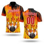 Custom Yellow Fire Red Black-White Bowling Ball And Pins Flame Performance Polo Shirt