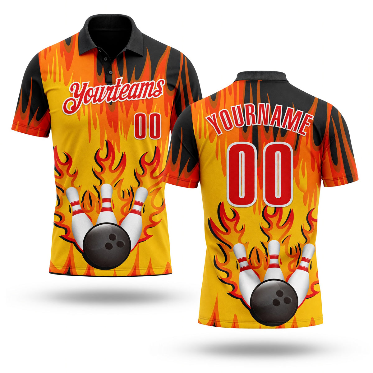 Custom Yellow Fire Red Black-White Bowling Ball And Pins Flame Performance Polo Shirt
