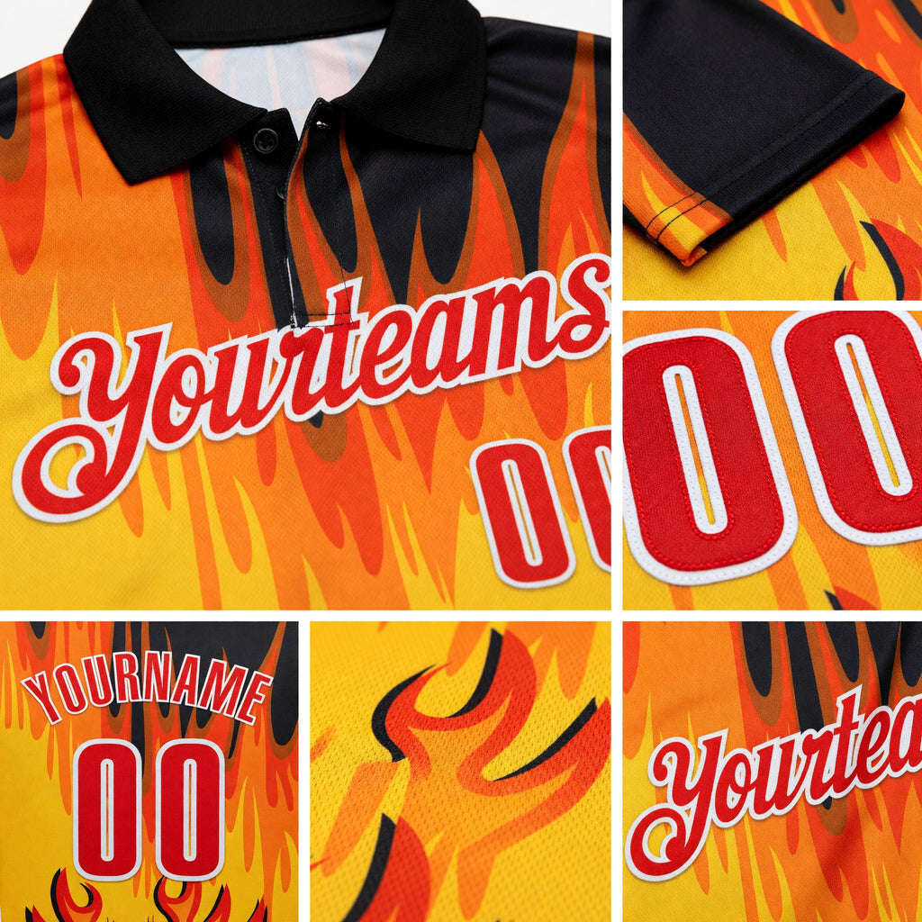 Custom Yellow Fire Red Black-White Bowling Ball And Pins Flame Performance Polo Shirt detail