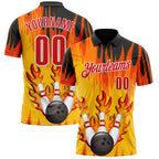 Custom Yellow Fire Red Black-White Bowling Ball And Pins Flame Performance Polo Shirt photo 1