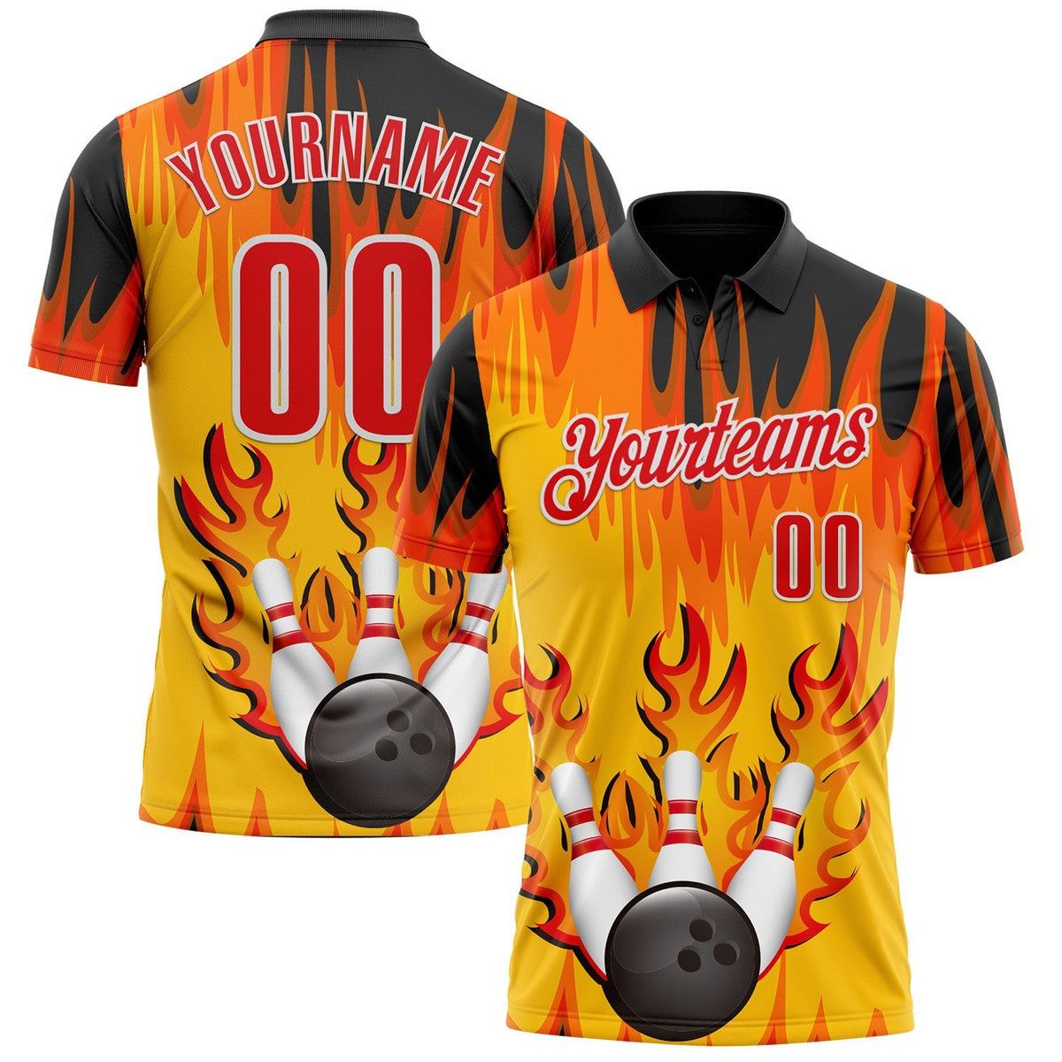 Custom Yellow Fire Red Black-White Bowling Ball And Pins Flame Performance Polo Shirt photo 1