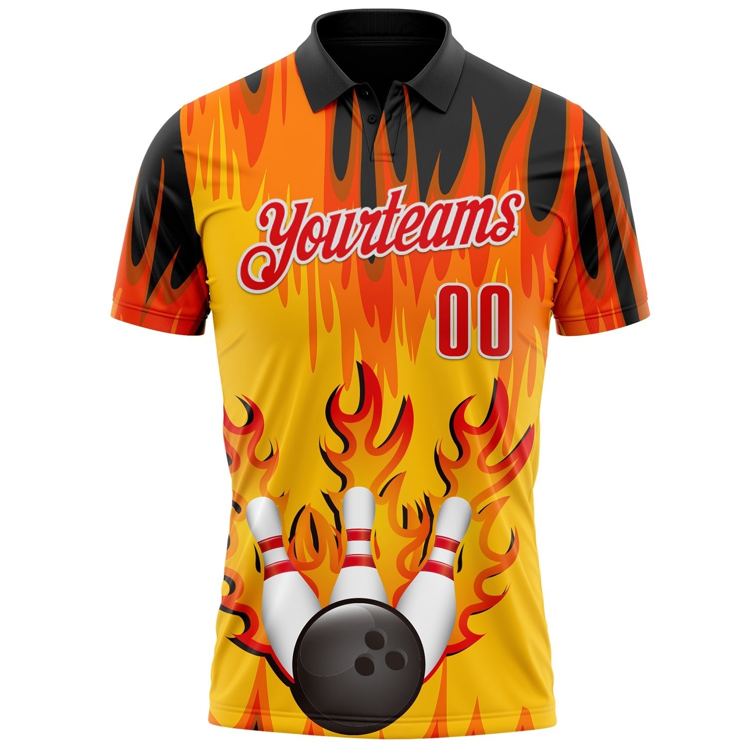 Custom Yellow Fire Red Black-White Bowling Ball And Pins Flame Performance Polo Shirt photo 2