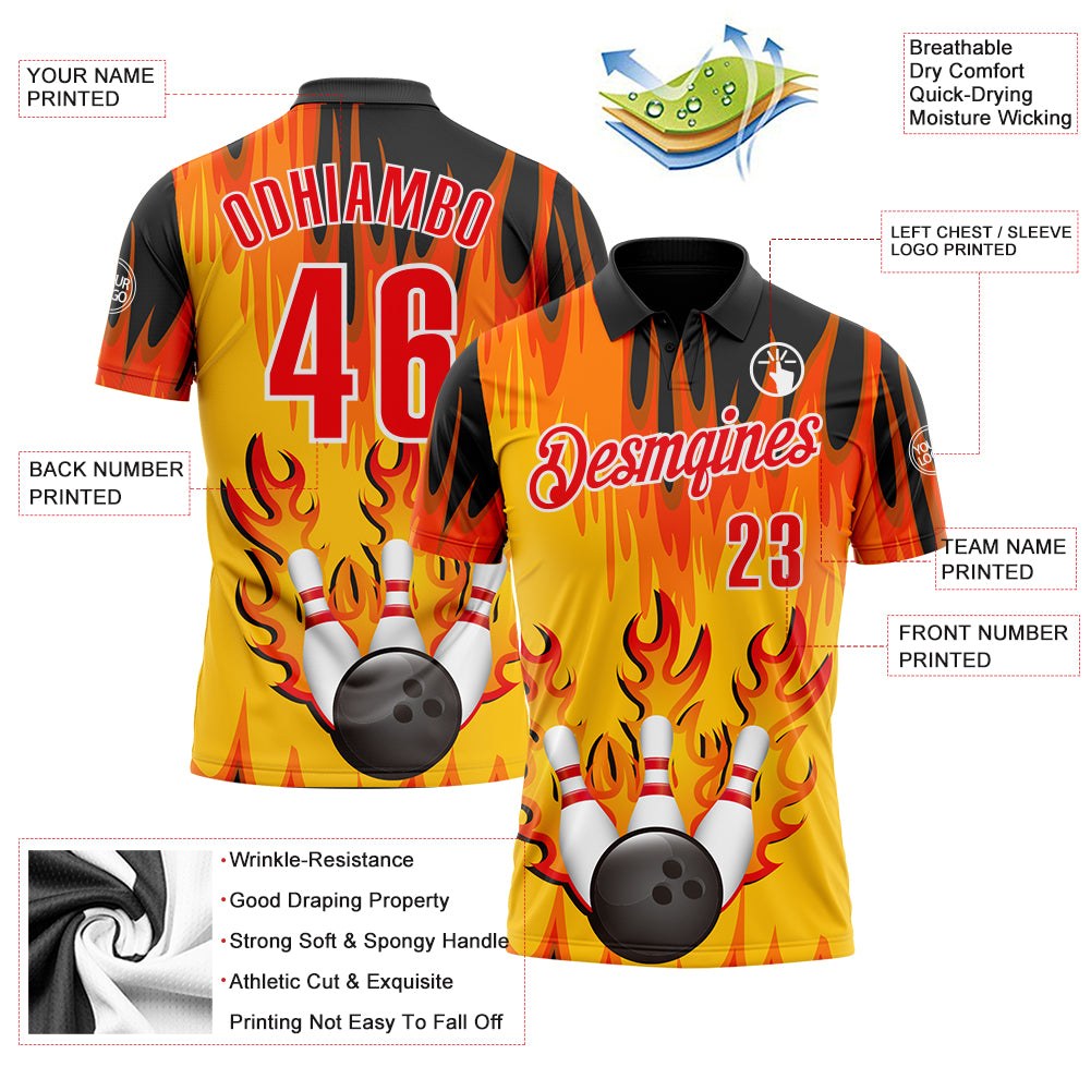 Custom Yellow Fire Red Black-White Bowling Ball And Pins Flame Performance Polo Shirt photo 3
