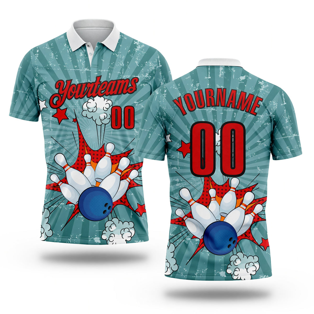 Custom Shadow Blue Fire Red-Black Bowling Ball And Pins Strike Performance Polo Shirt