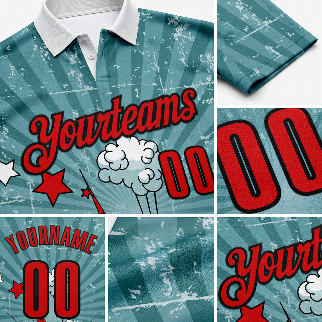 Custom Shadow Blue Fire Red-Black Bowling Ball And Pins Strike Performance Polo Shirt detail