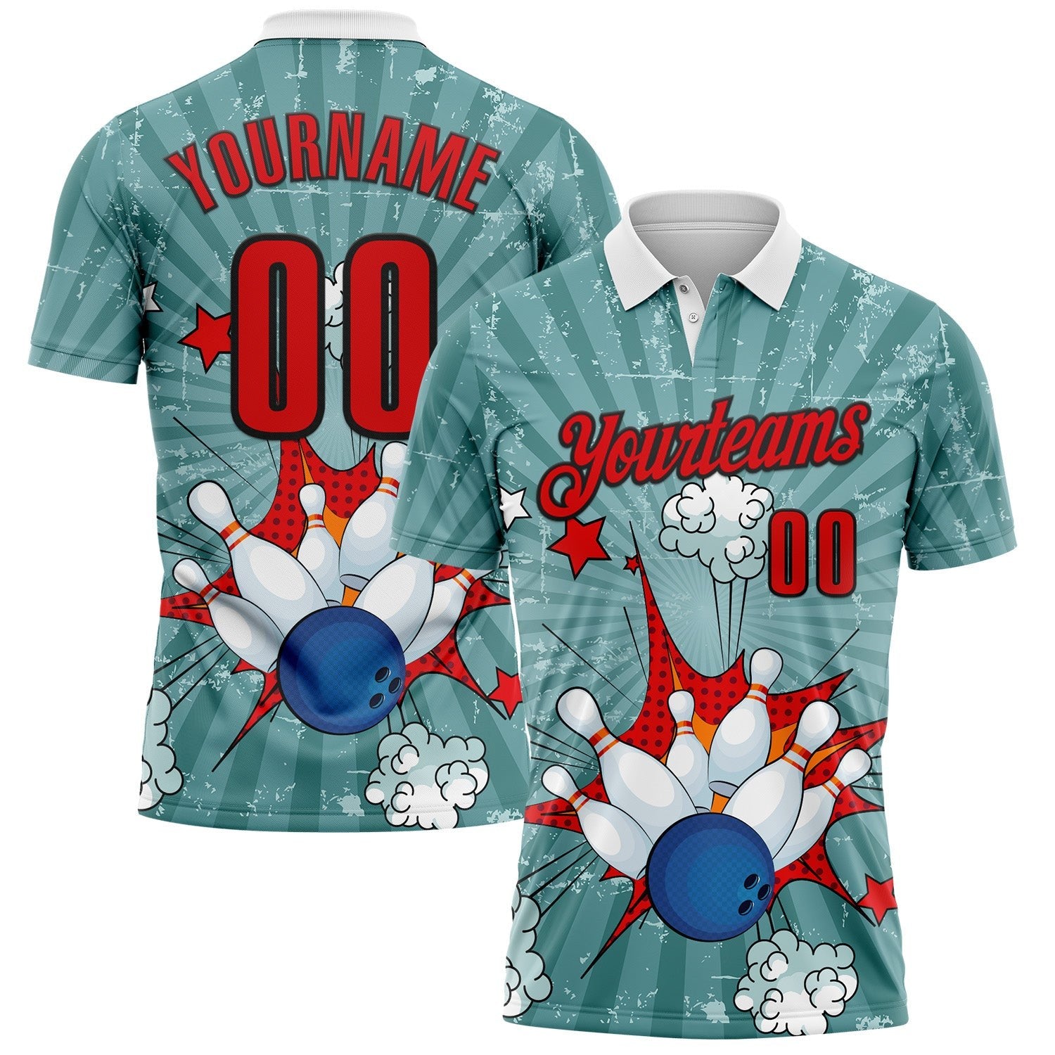 Custom Shadow Blue Fire Red-Black Bowling Ball And Pins Strike Performance Polo Shirt photo 1