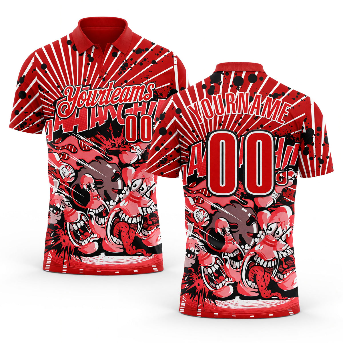 Custom Red Fire Red White-Black Bowling Strike Funny Performance Polo Shirt