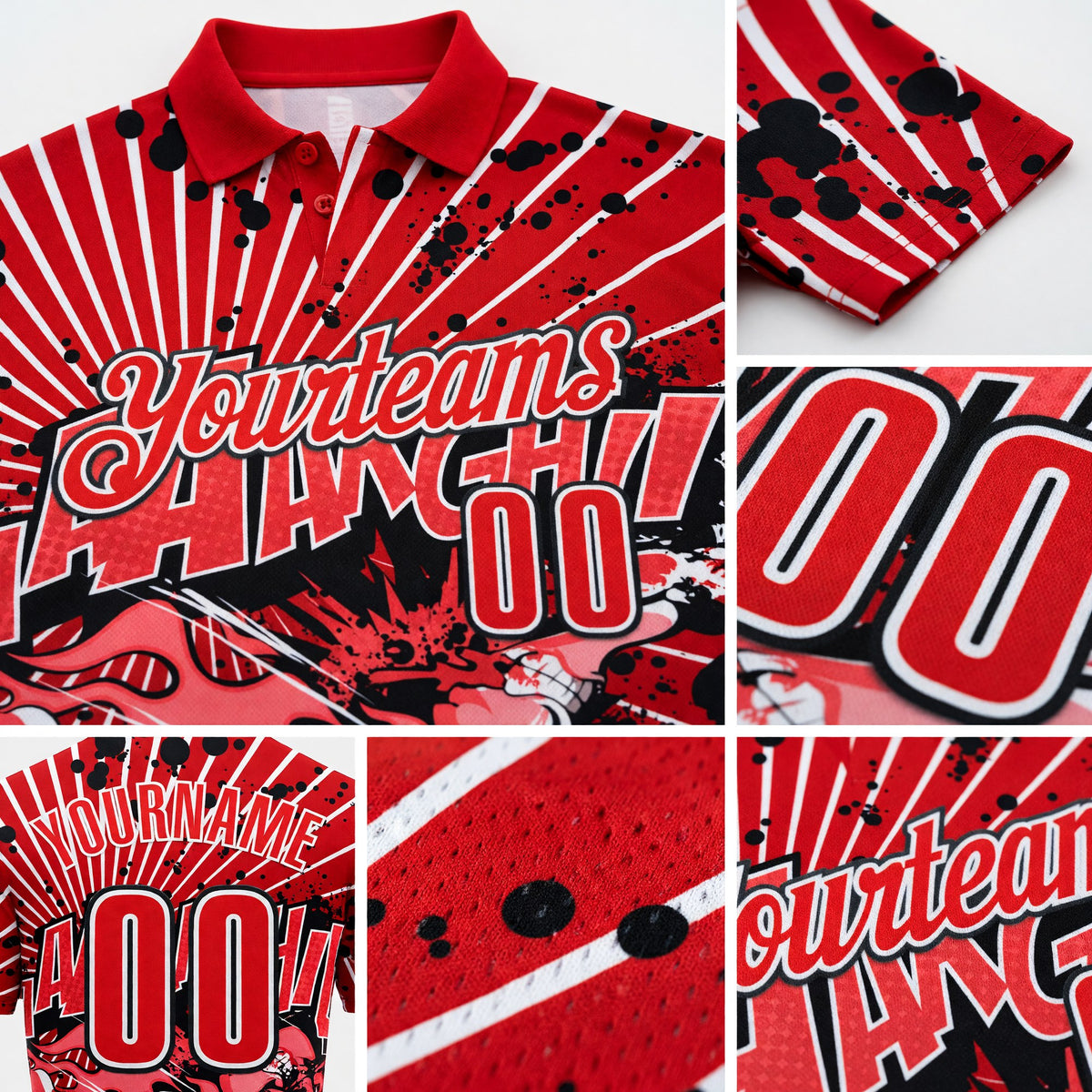 Custom Red Fire Red White-Black Bowling Strike Funny Performance Polo Shirt detail