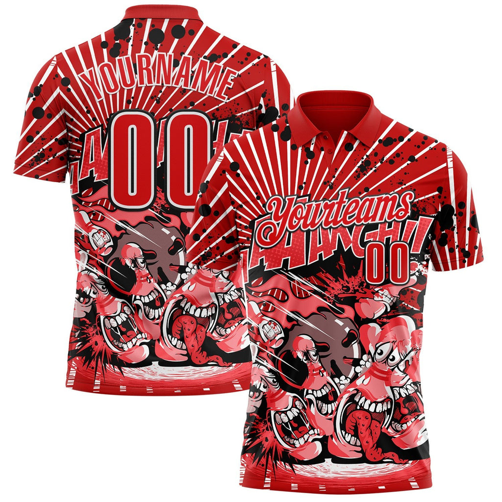 Custom Red Fire Red White-Black Bowling Strike Funny Performance Polo Shirt photo 1