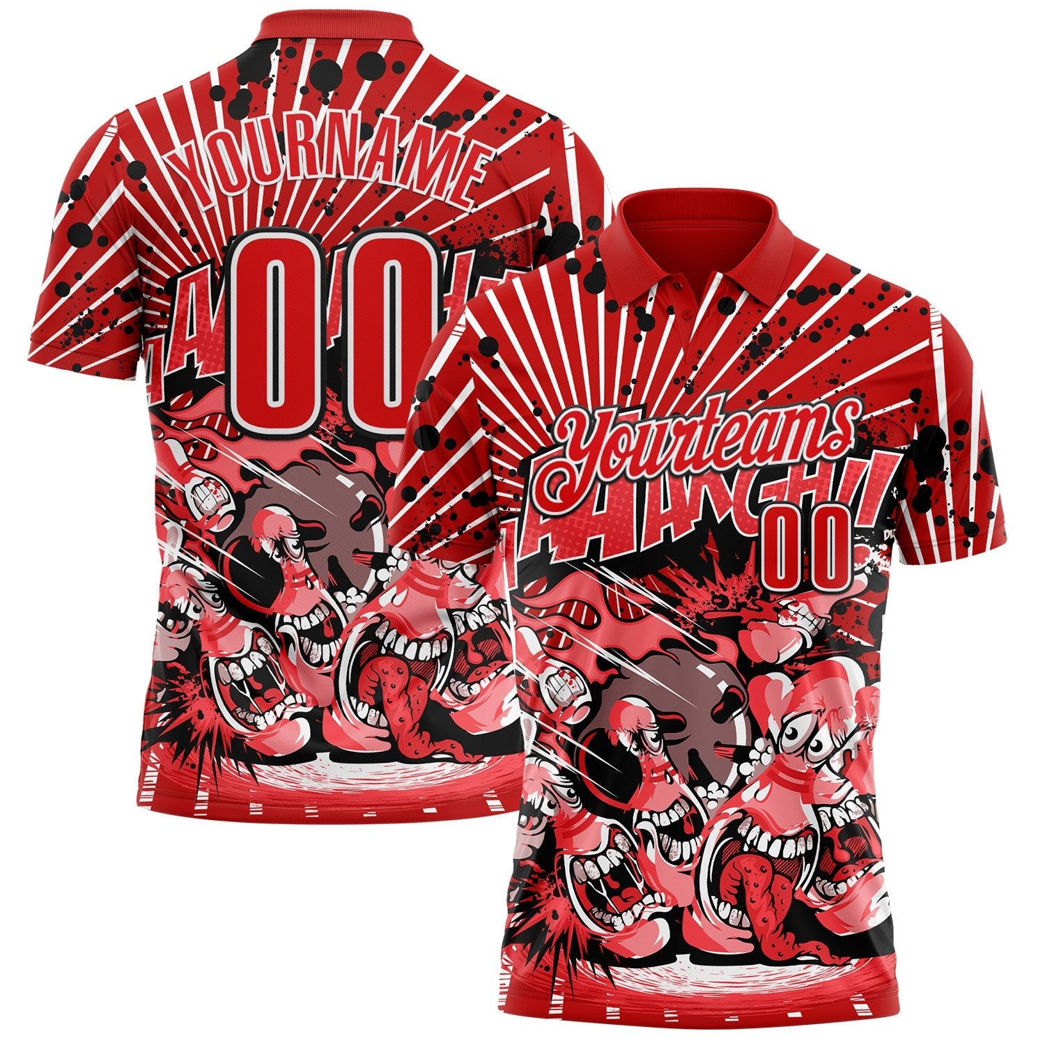 Custom Red Fire Red White-Black Bowling Strike Funny Performance Polo Shirt photo 1
