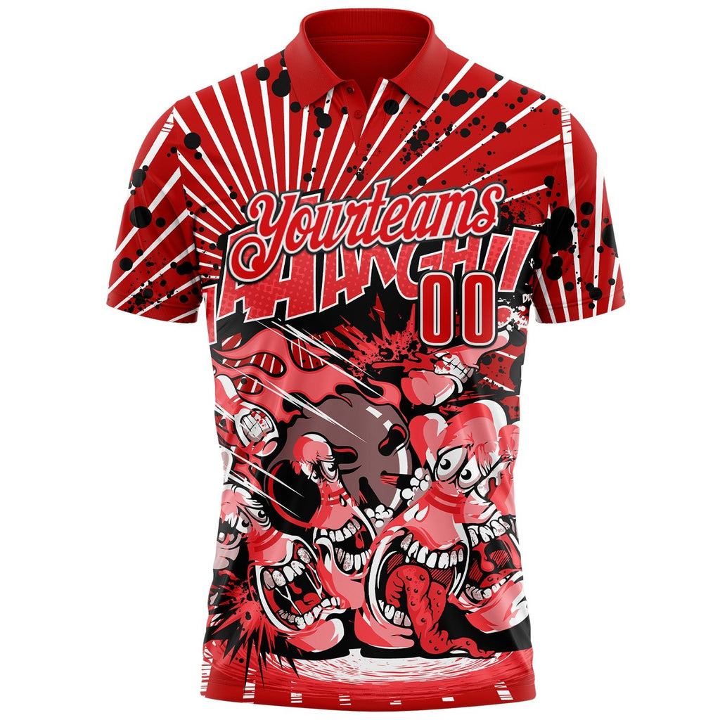 Custom Red Fire Red White-Black Bowling Strike Funny Performance Polo Shirt photo 2