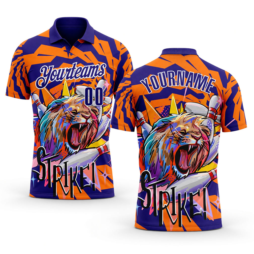 Custom Dark Purple Orange-White Bowling Ball And Pins Strike Lion Performance Polo Shirt