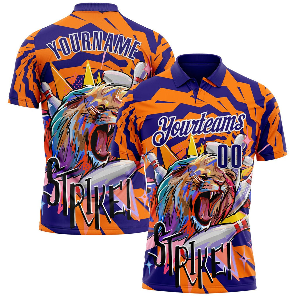 Custom Dark Purple Orange-White Bowling Ball And Pins Strike Lion Performance Polo Shirt photo 1