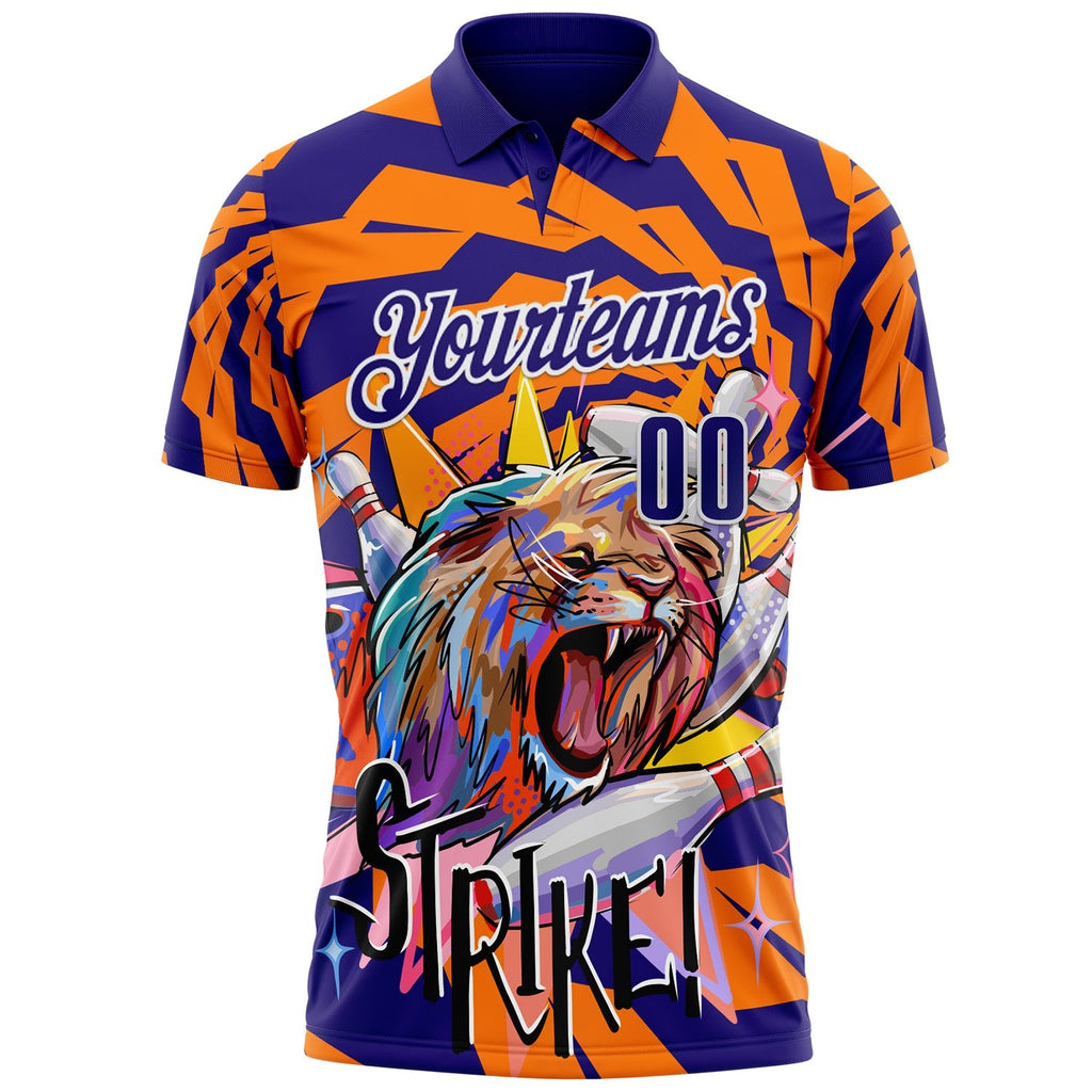 Custom Dark Purple Orange-White Bowling Ball And Pins Strike Lion Performance Polo Shirt photo 2