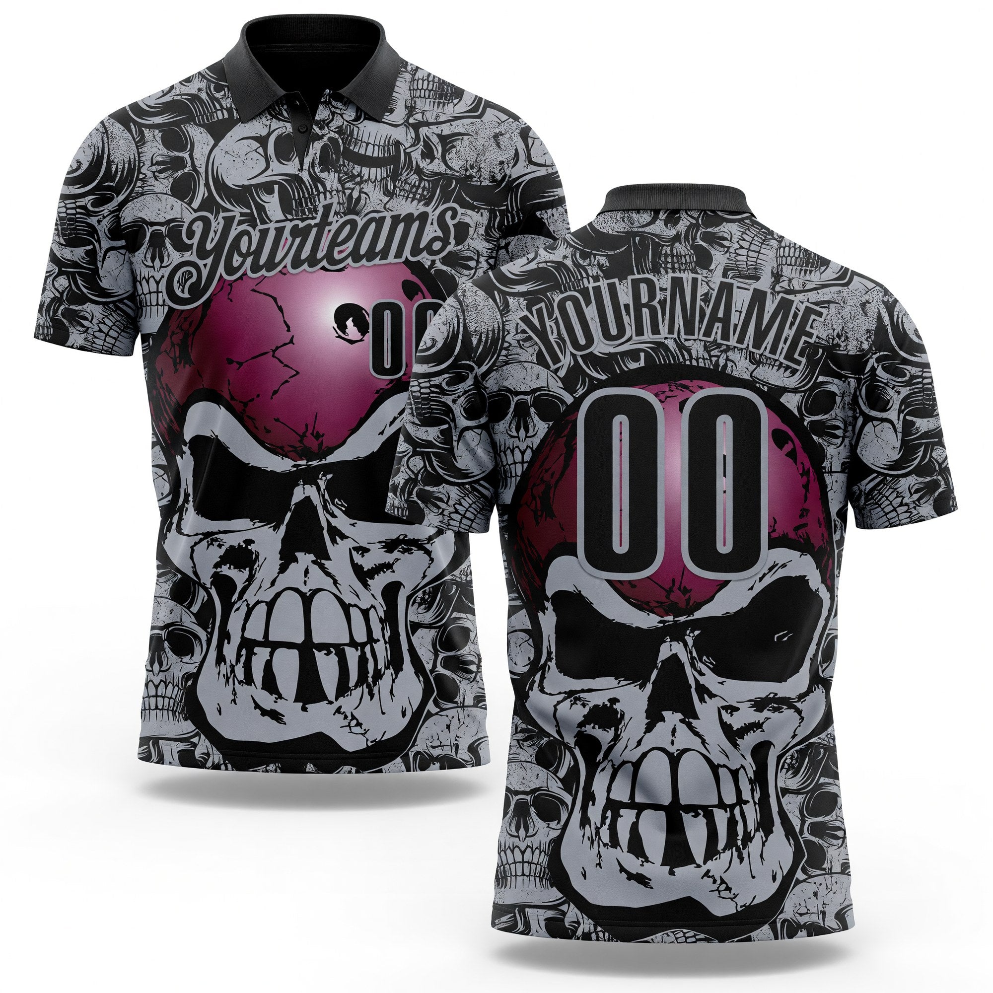 Custom Black-Gray Bowling Ball Strike Skull Performance Polo Shirt